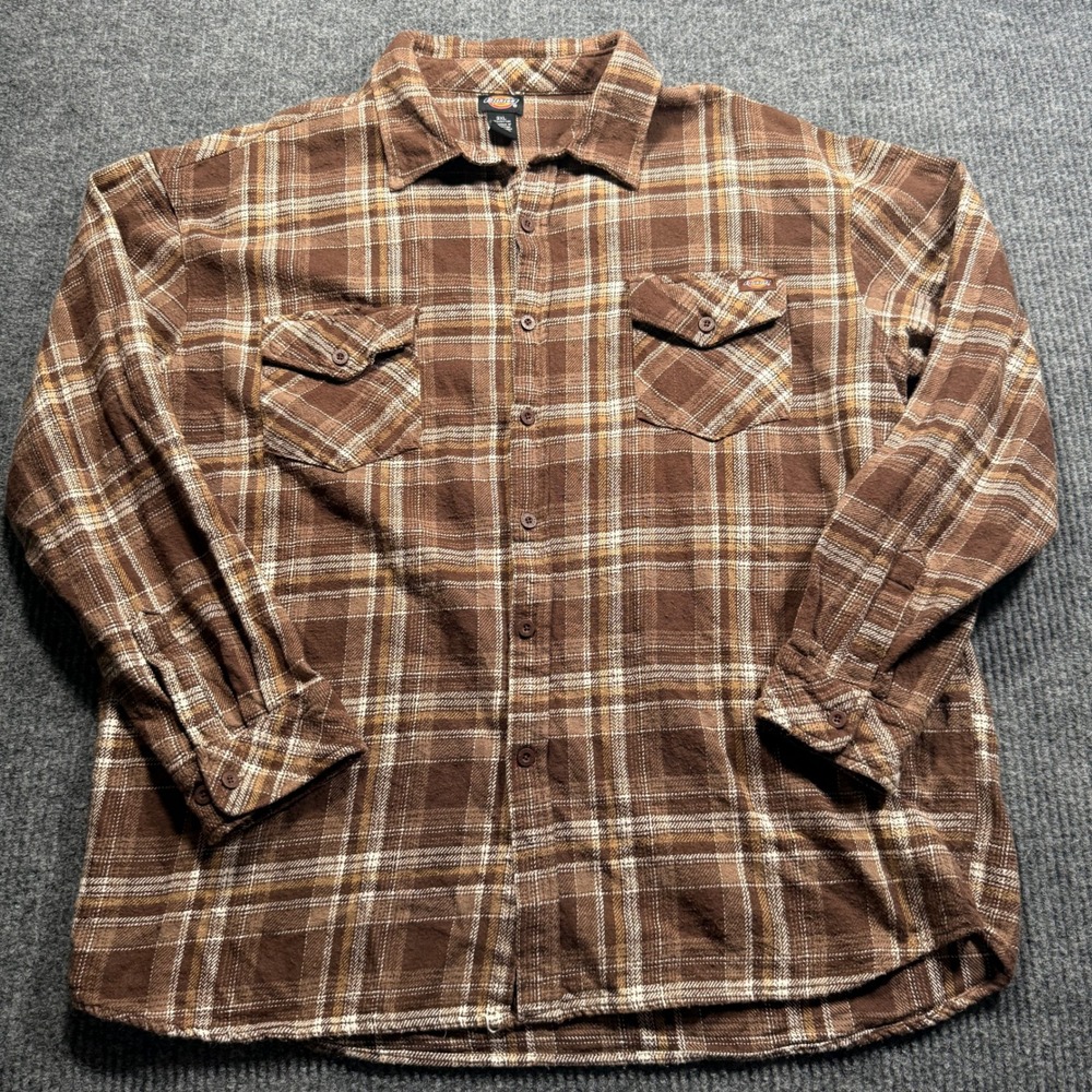 Dickies Flannel Shirt Mens 3XL Brown Plaid Button Down Long Sleeve Outdoor Cabin
